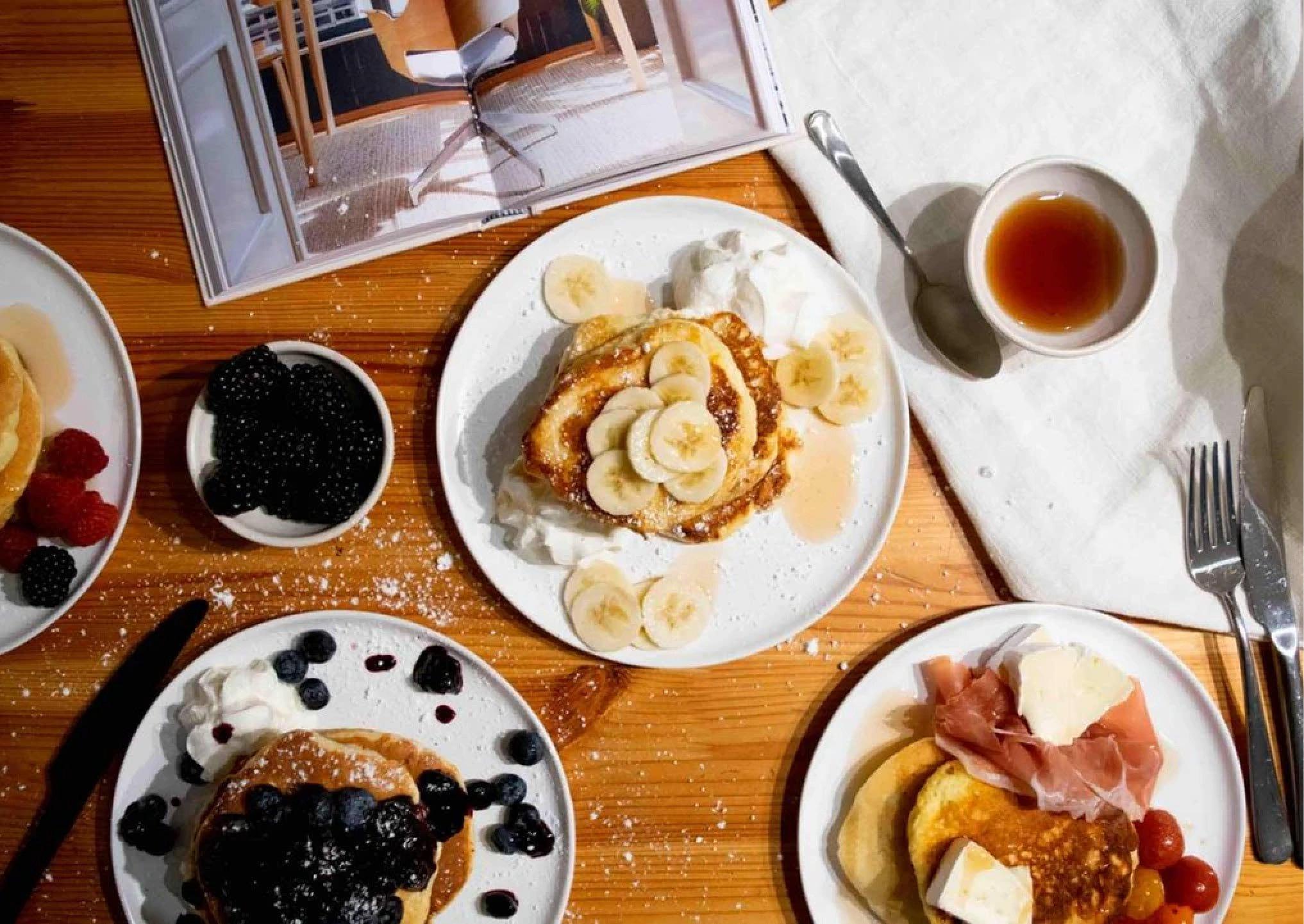 Fable home brunch panckaes on semi-matte speckled white stoneware